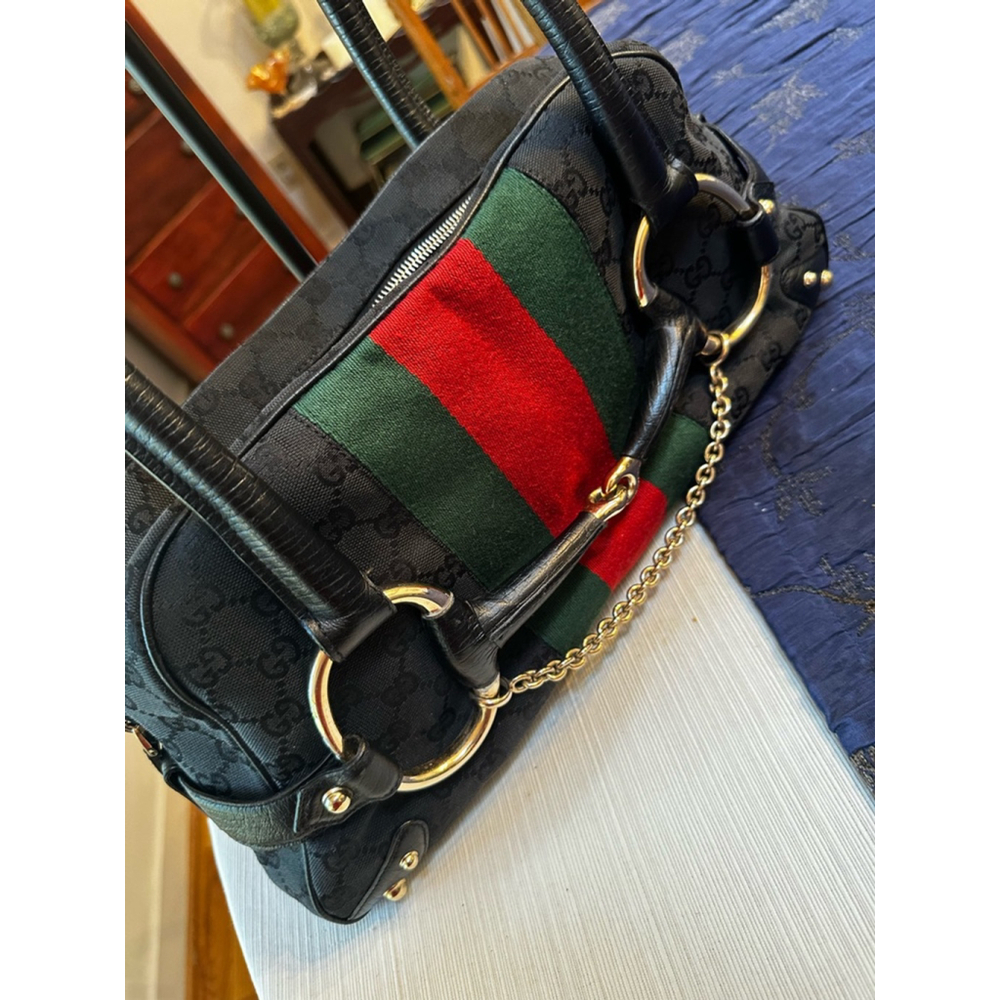 Gucci Black Canvas & Leather Sherry Line Horsebit Shoulder Bag - Picture 3 of 16